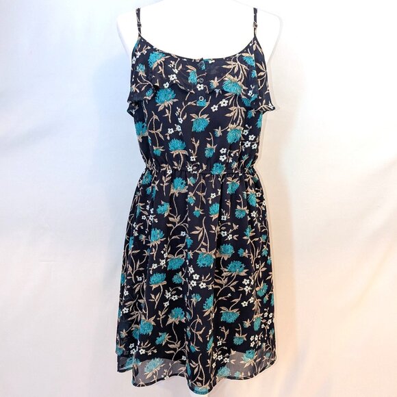 LOFT | Floral Button Front Spaghetti Strap Mini Dress in Navy & Turquoise | 6 - Picture 2 of 13